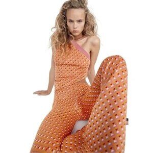 Zara High-Waisted Flare Pants Size S Orange Geometric Print